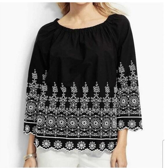 Talbots Petites Black Embroidered Peasant Top Blouse Boho Floral 3/4 Sleeve MP - Picture 1 of 9
